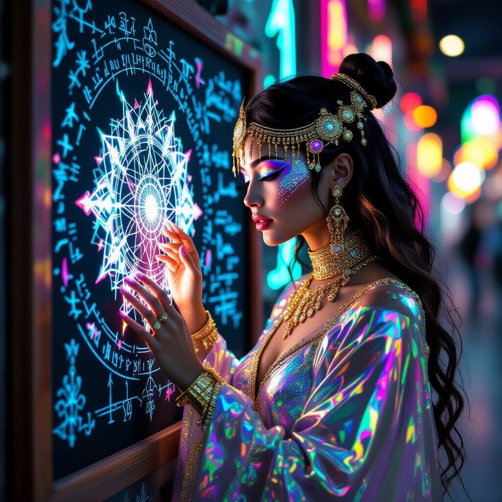 Futuristic Oracle with Golden Adornments and Electric Glow