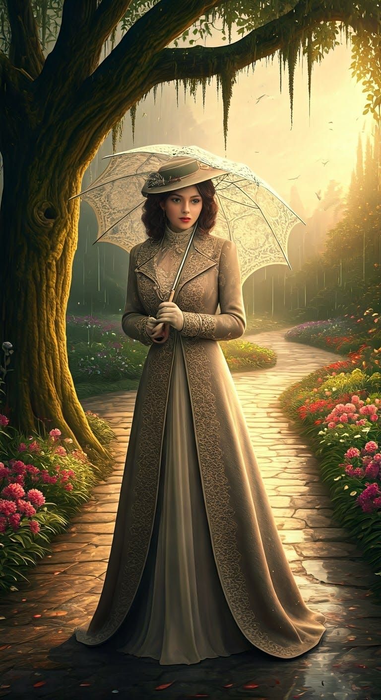 Elegant Woman in Rain, Dreamy 3D Anime Art