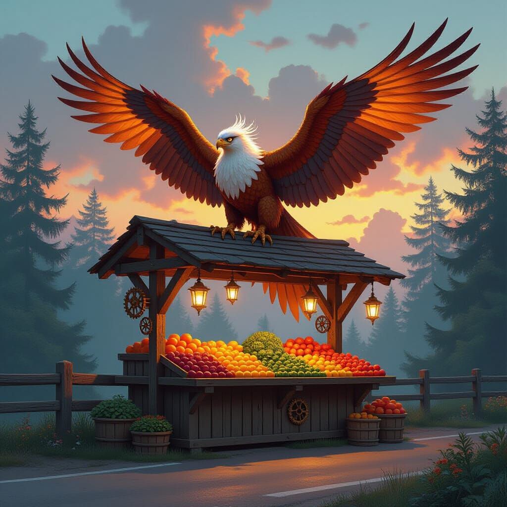 Steampunk Griffin Guarding Enchanted Farmstand