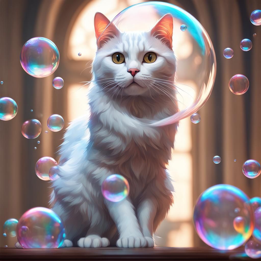 Cat Reaching for Bubble: Hyperdetailed Digital Portrait