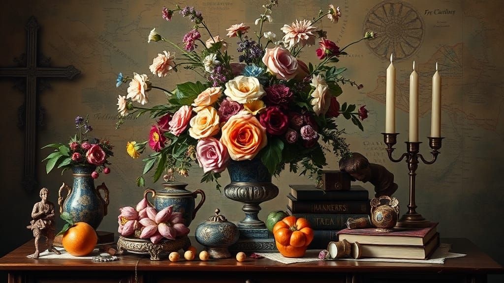 Vanitas Still-Life with Flowers and Sculptures