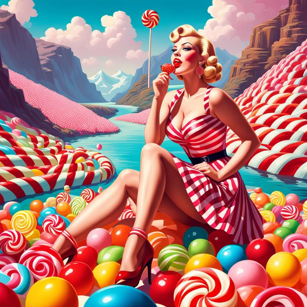 1950s Pin-Up Girl in Candy Land Painting