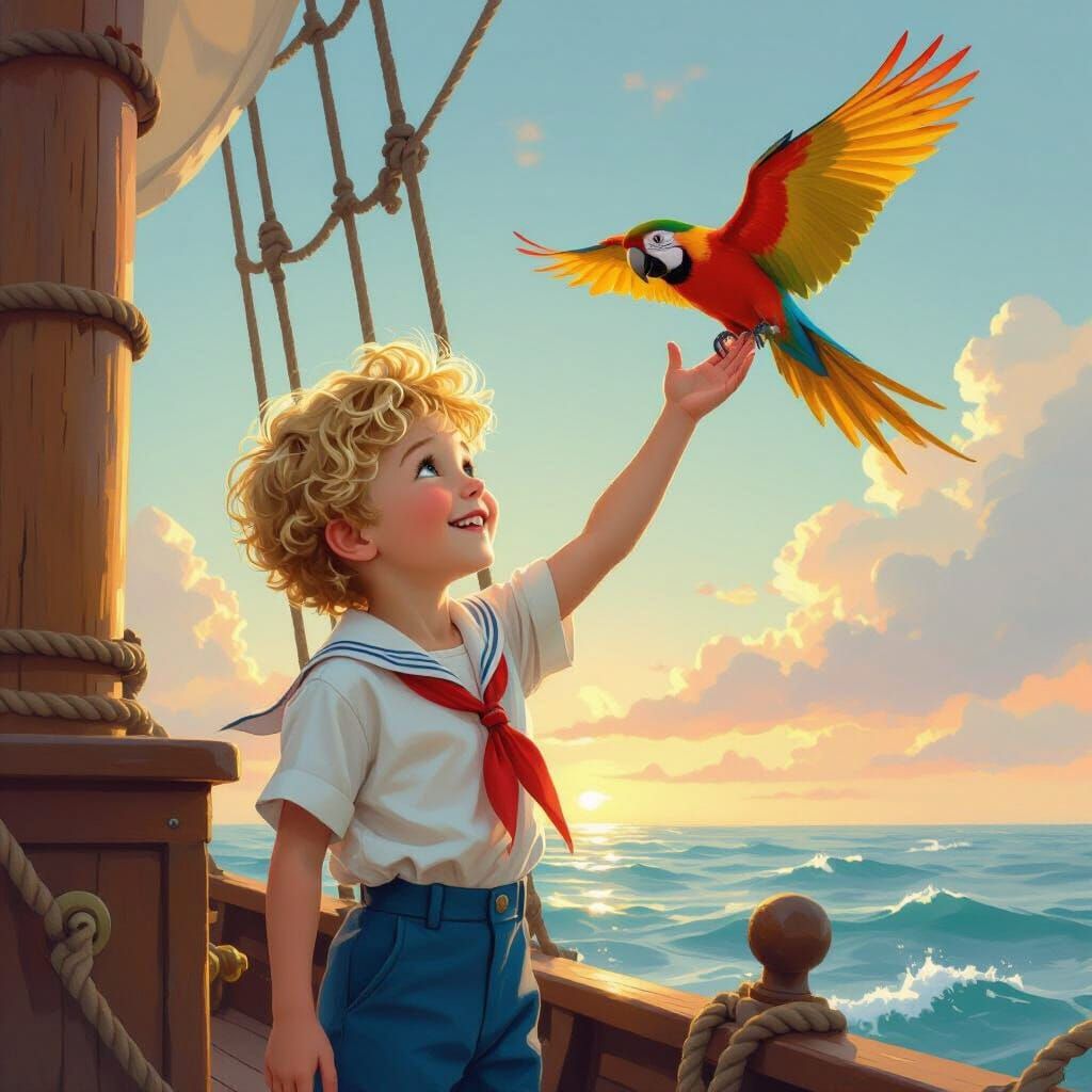 Boy and Parrot on Ship, Atmospheric Lighting