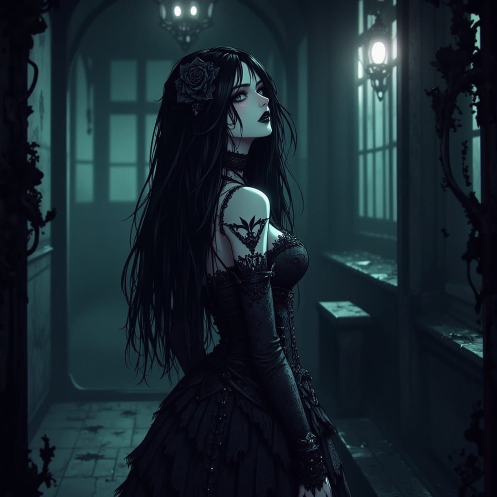 Gothic Anime Woman in Decaying Ballroom, Dark Romance Aesthe...