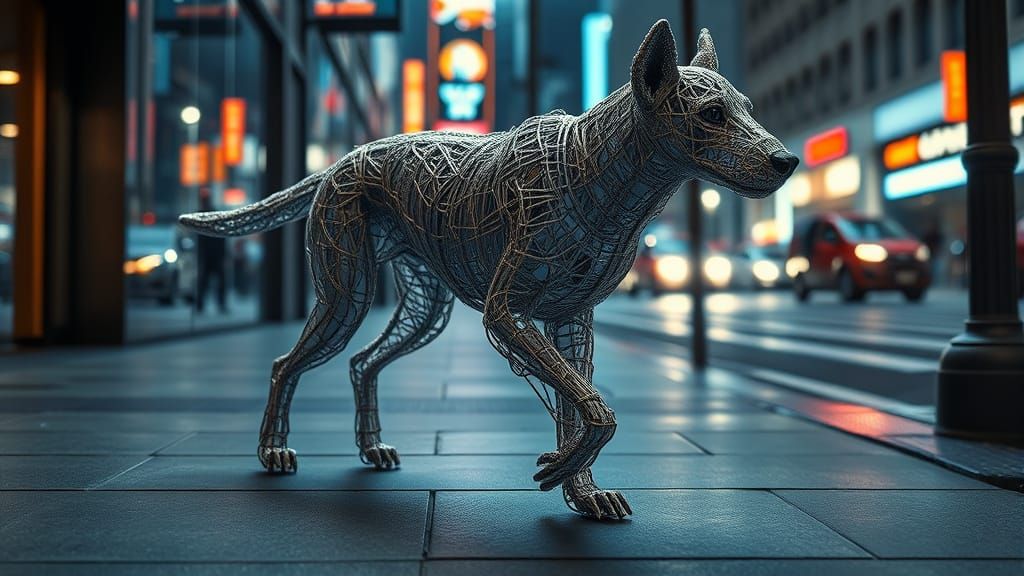 Wire Dog Walks in Futuristic Cityscape