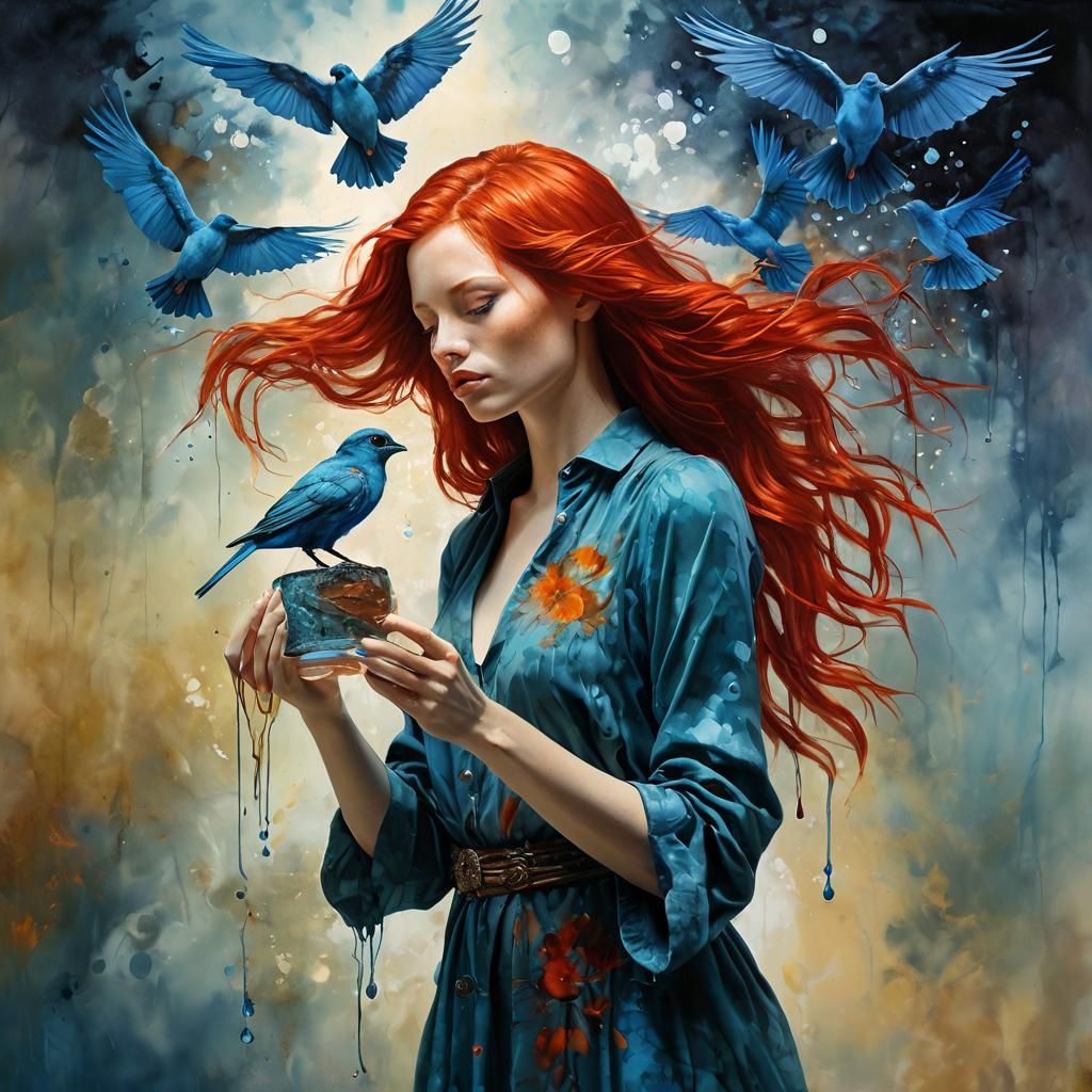Woman Releases Blue Bird: Moody Oil Painting