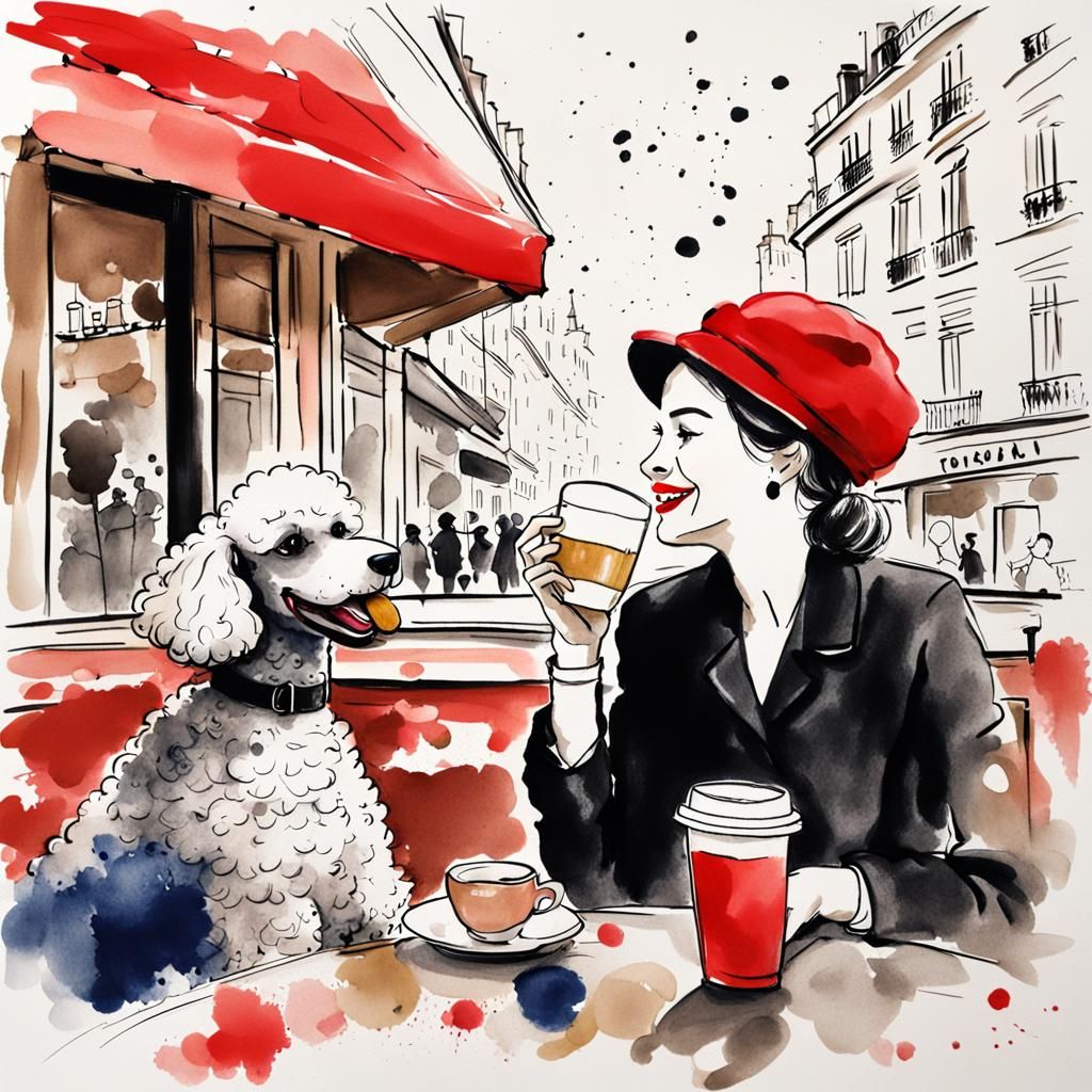 Joyful Woman and Poodle in Paris: Ink Wash Art