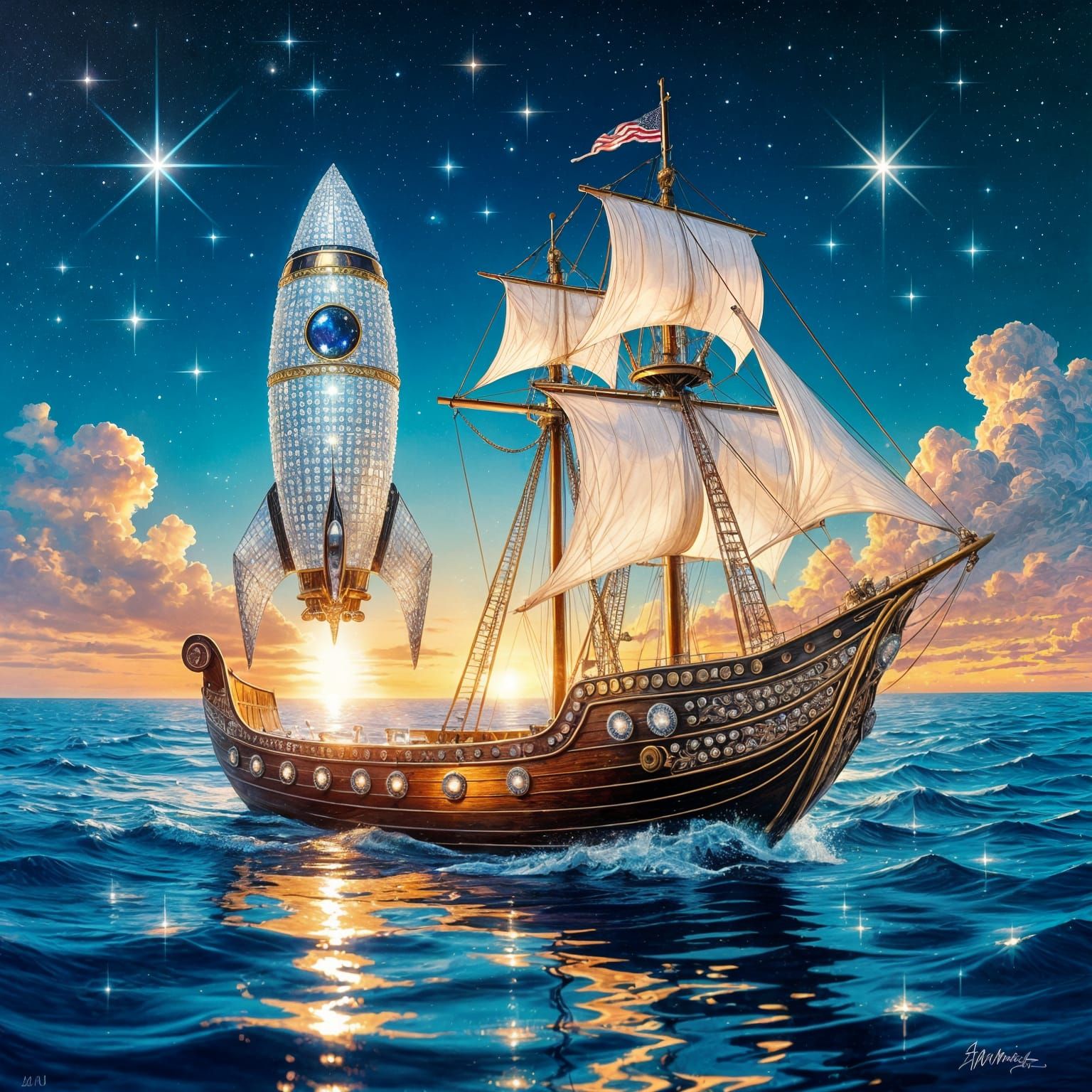 Surreal Rhinestone Vessel on Cosmic Sea as Impasto Painting