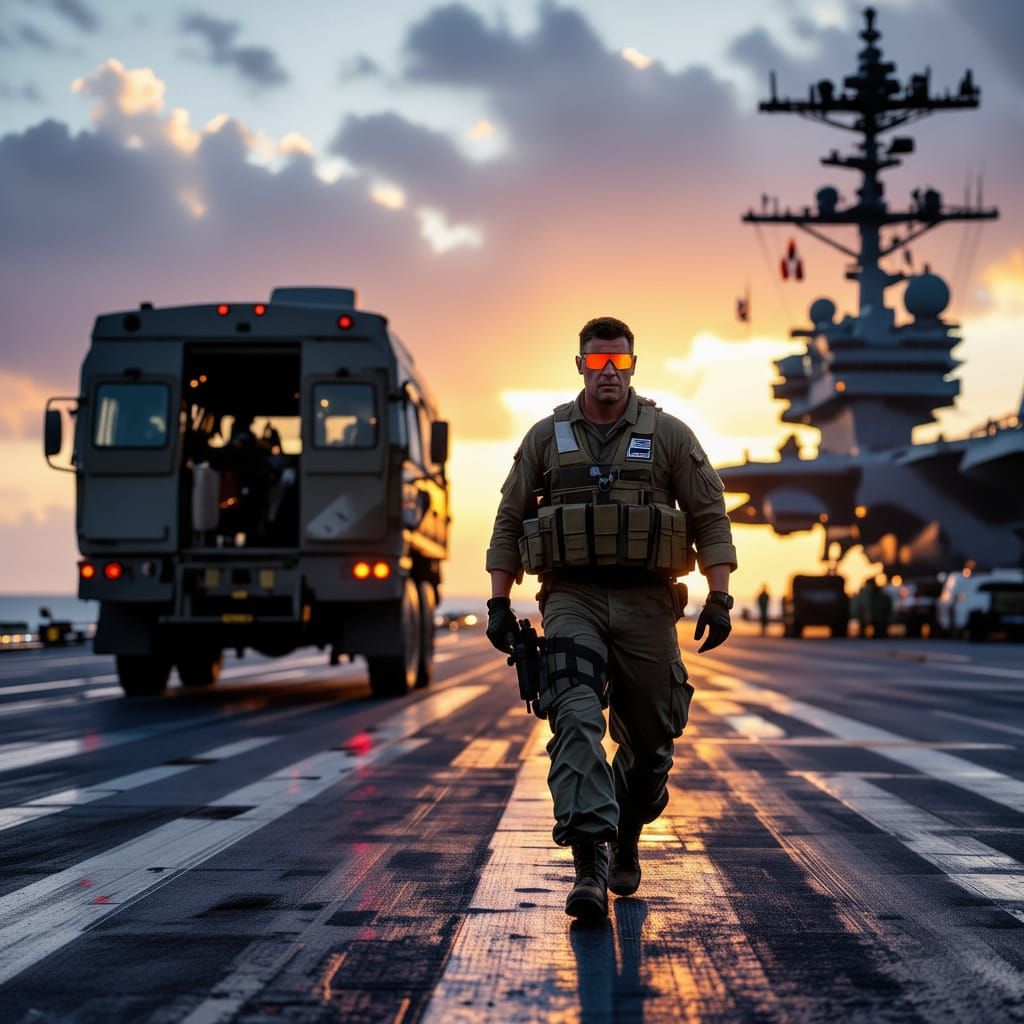 Aircraft Carrier Flight Deck Scene with Military Transport