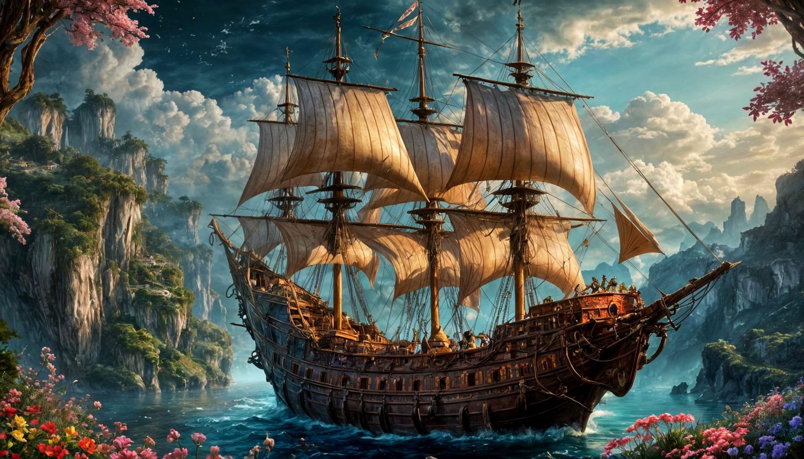 Moonlit Galleon Soaring Above Islands, Oil Glazing Technique