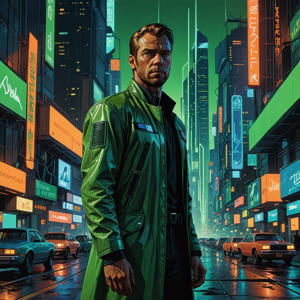 Actor Against Futuristic Neon Cityscape Concept Art