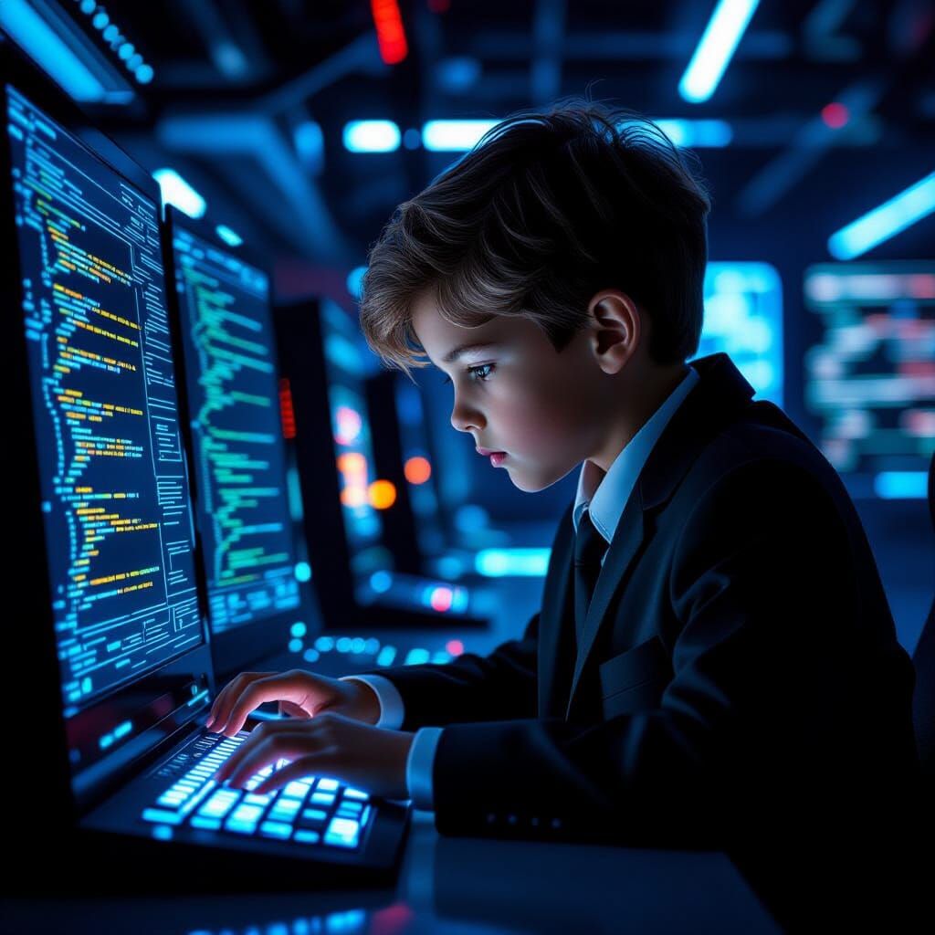 Young Boy Hacking Futuristic Computer Terminal