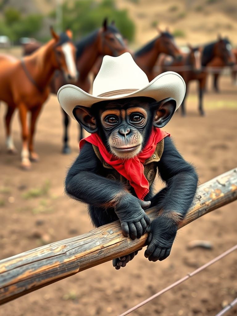 Vibrant Cowboy Chimpanzee on Weathered Fence