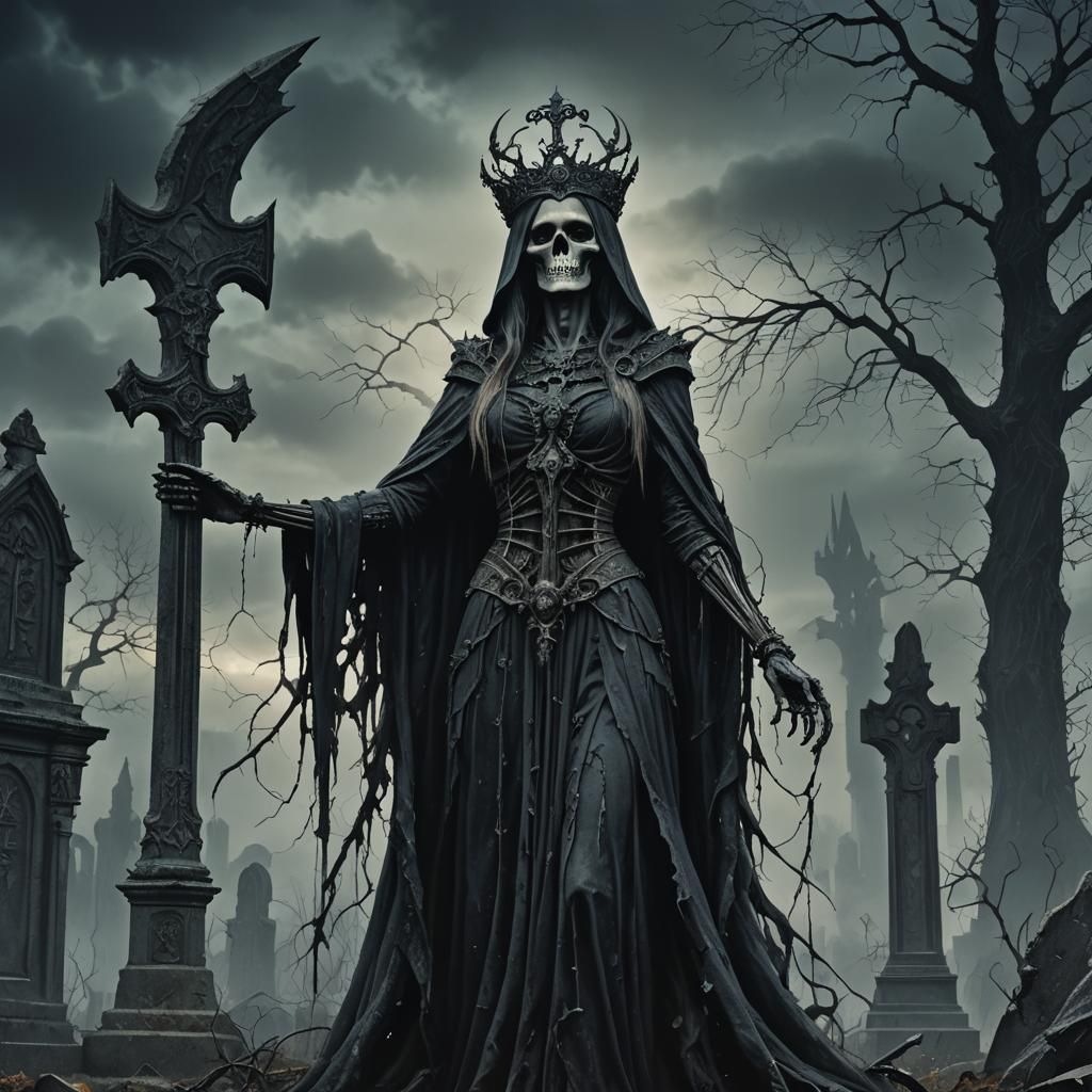 Goddess of Death in Gothic Graveyard