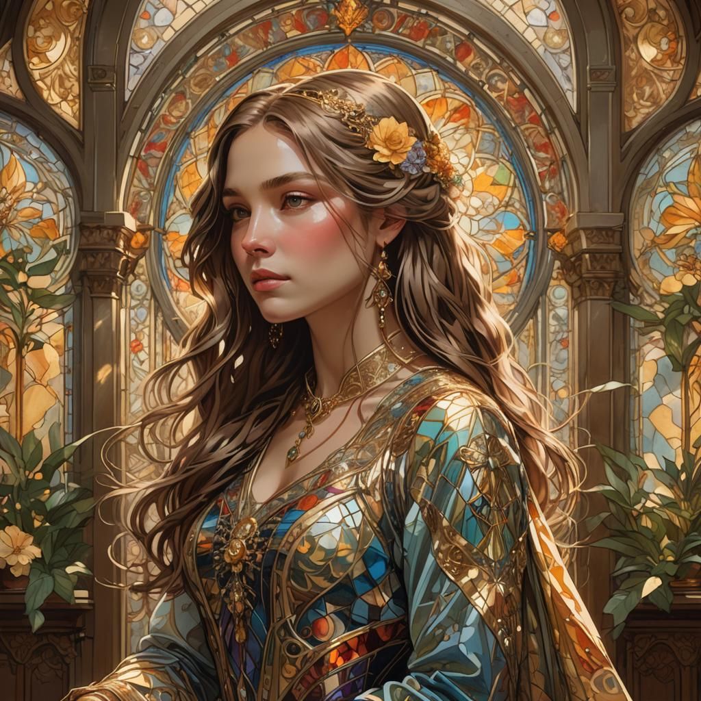 Art Nouveau Portrait of Beautiful Woman in Ornate Room