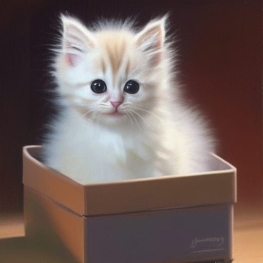 Cute Kitten in Box, Oil Painting Style