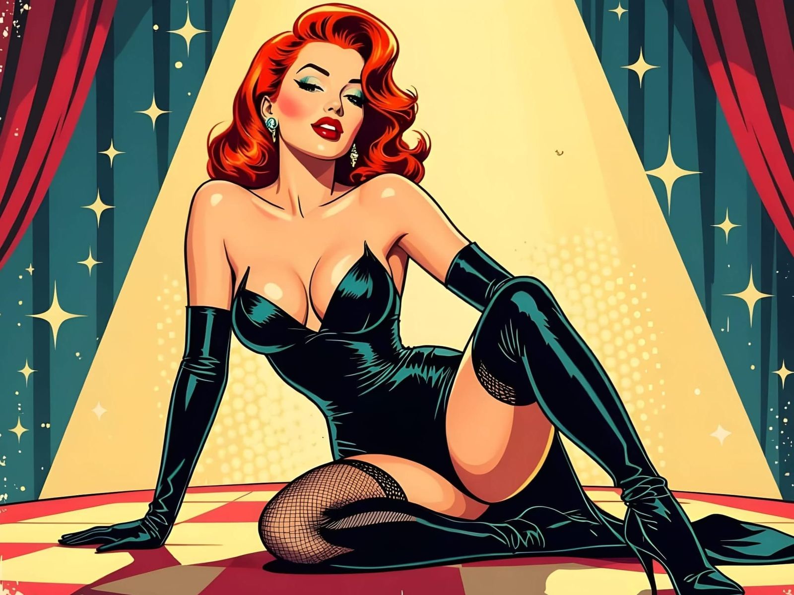 Pin-Up Beauty on Vintage Stage: Comic Style