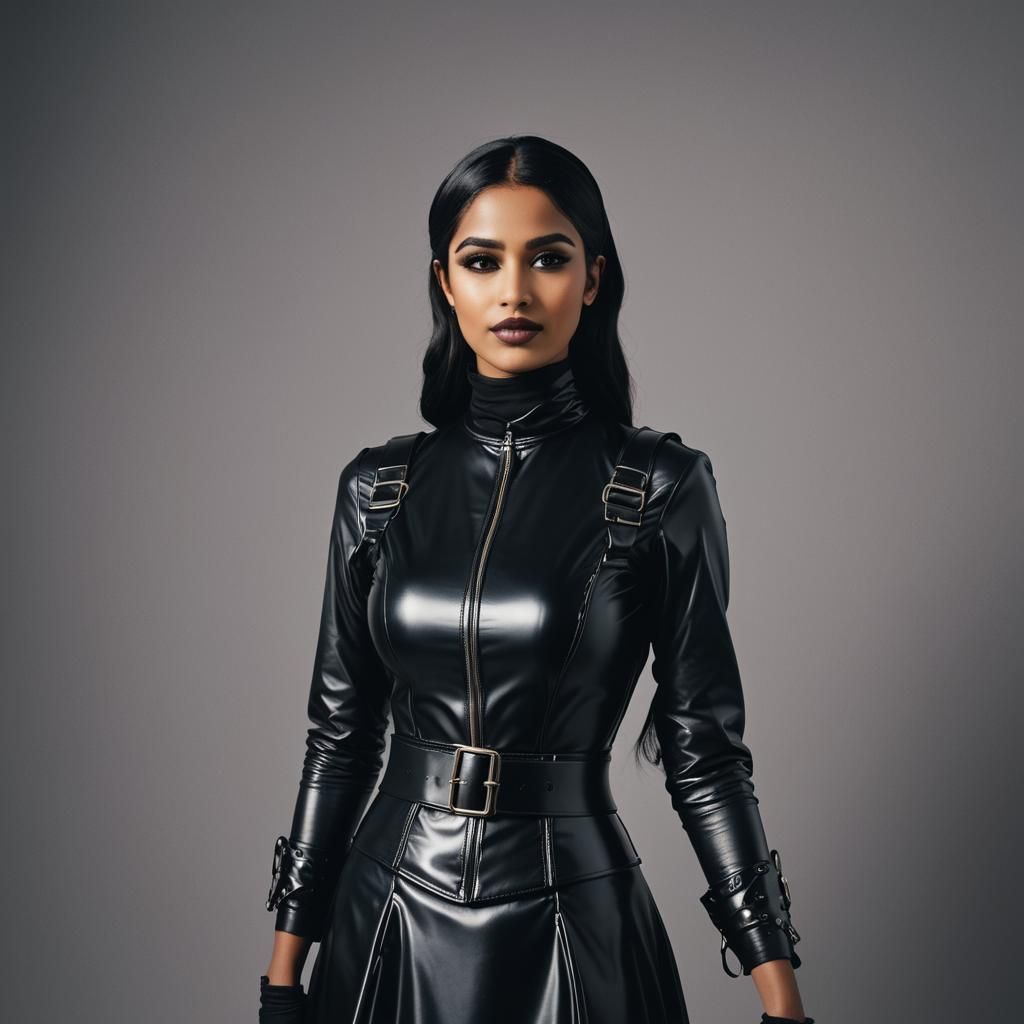 Foreign girl in a shiny black dress, middle eastern style belt design, modern women fashion. westernization.