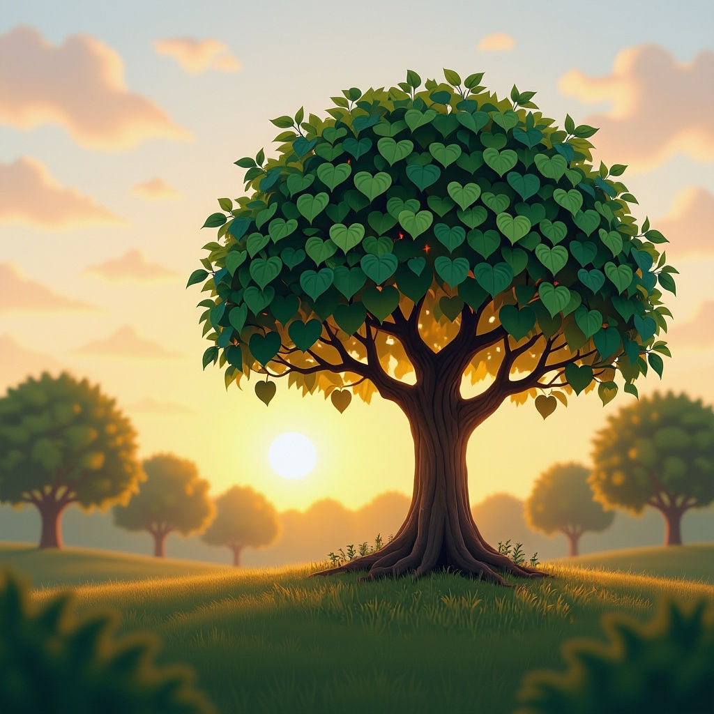 Heart-Shaped Leaves Tree at Sunset, Fantasy Concept Art