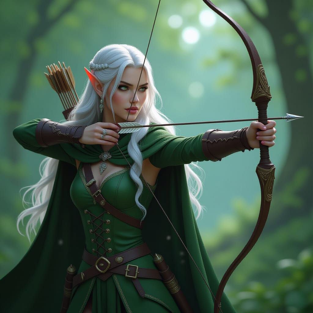 Elf Ranger with Bow in Forest, Detailed Matte Painting Style