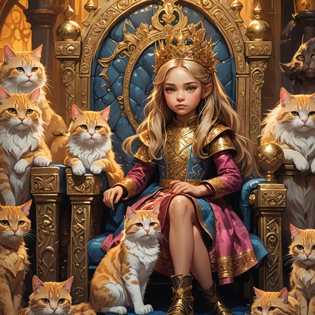 Girl Queen Surrounded by Cats in Art Nouveau Style