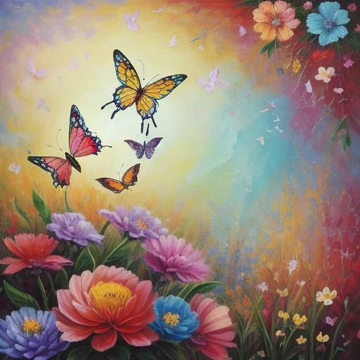 Colorful Butterfly Oil Painting with Boho Flowers