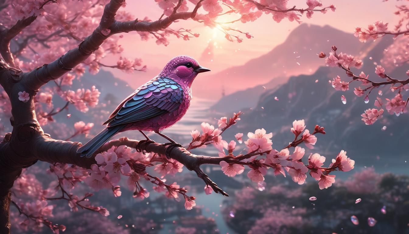 Crystal Diamond Bird on Cherry Blossom Branch