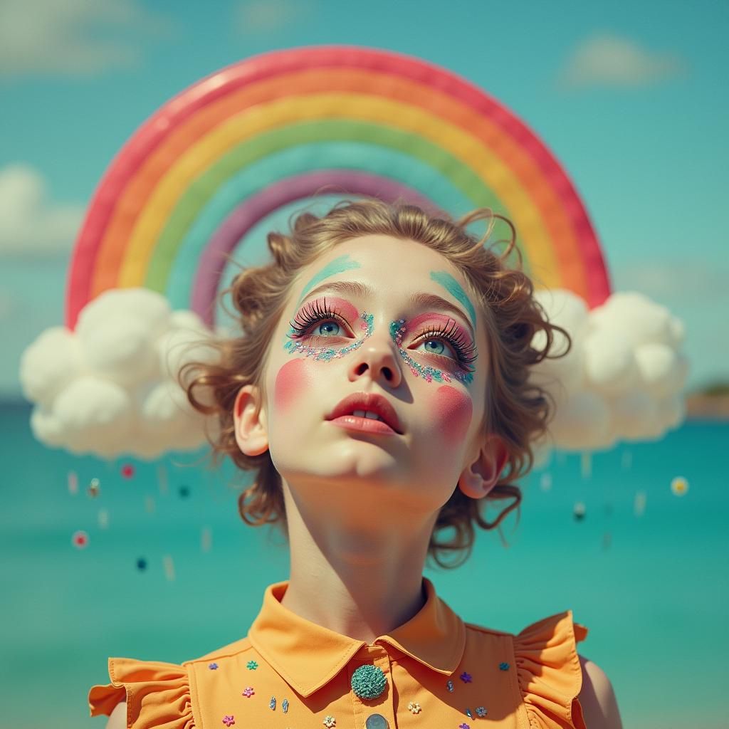 Surreal Rainbow Cloud Contemplation in Vintage Aesthetic