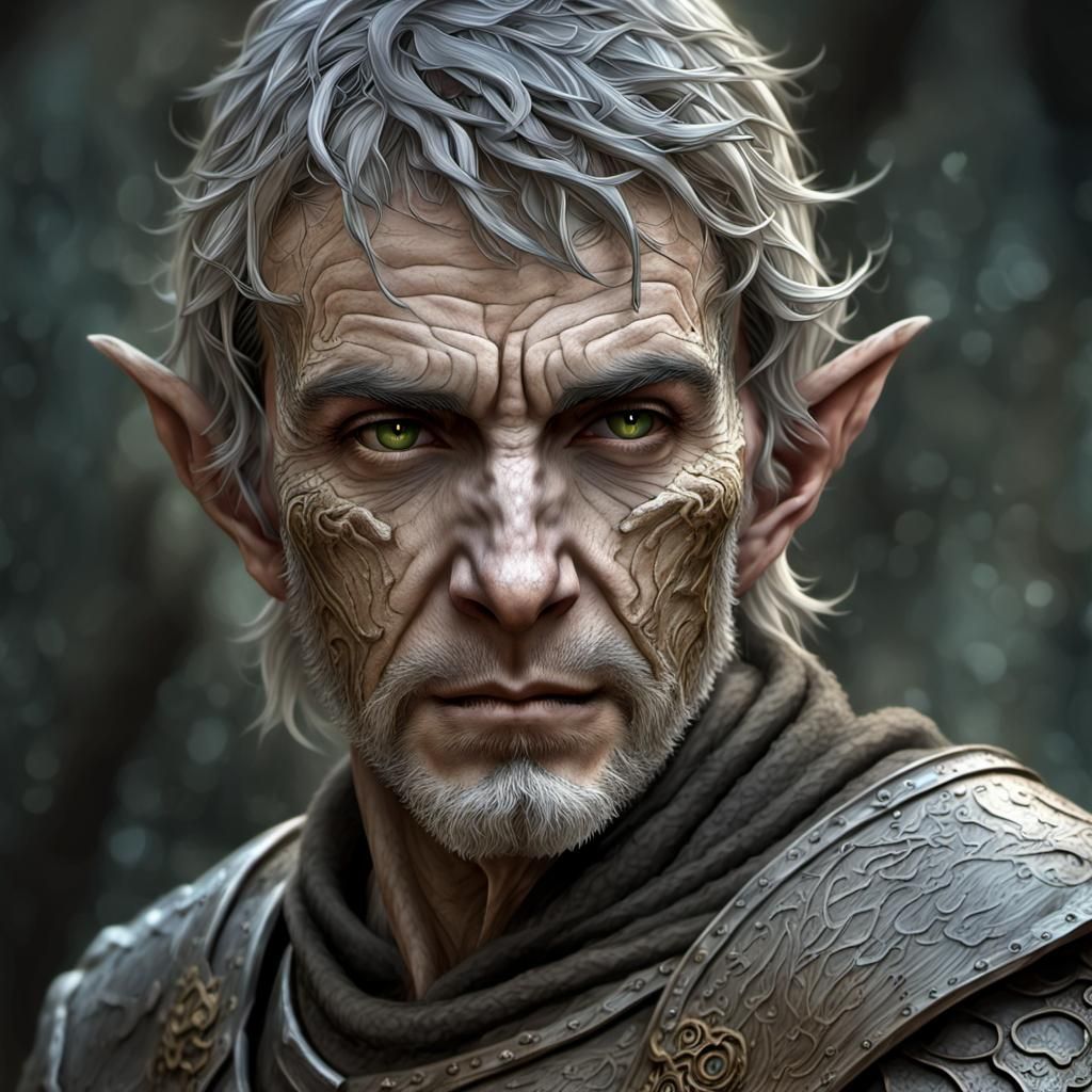 Weathered Elf Knight Portrait in Film Noir Style