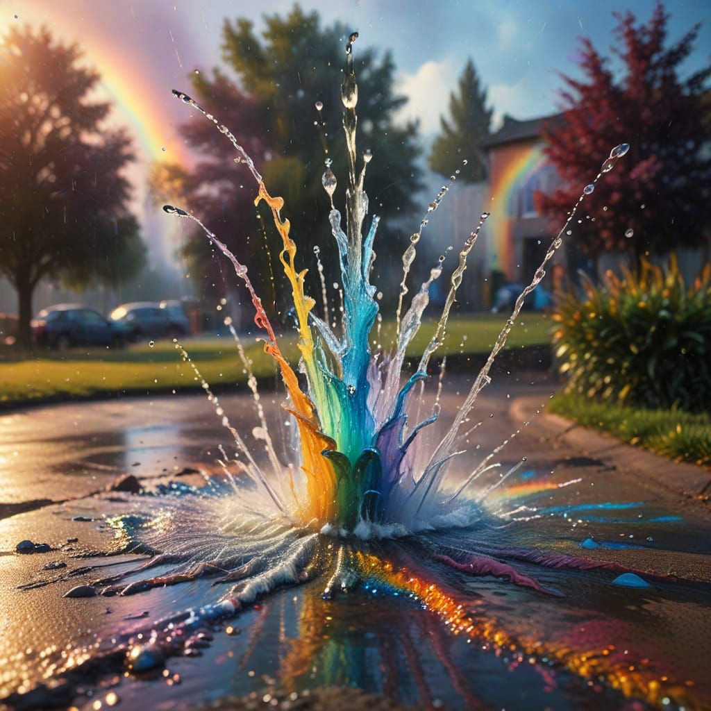 Surreal Water Fountain with Iridescent Rainbow