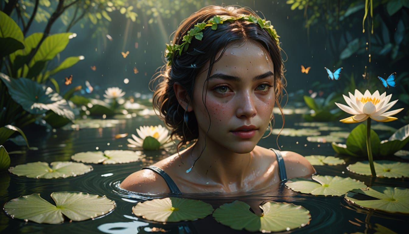 Submerged Woman with Water Lily in Hyperrealistic Style