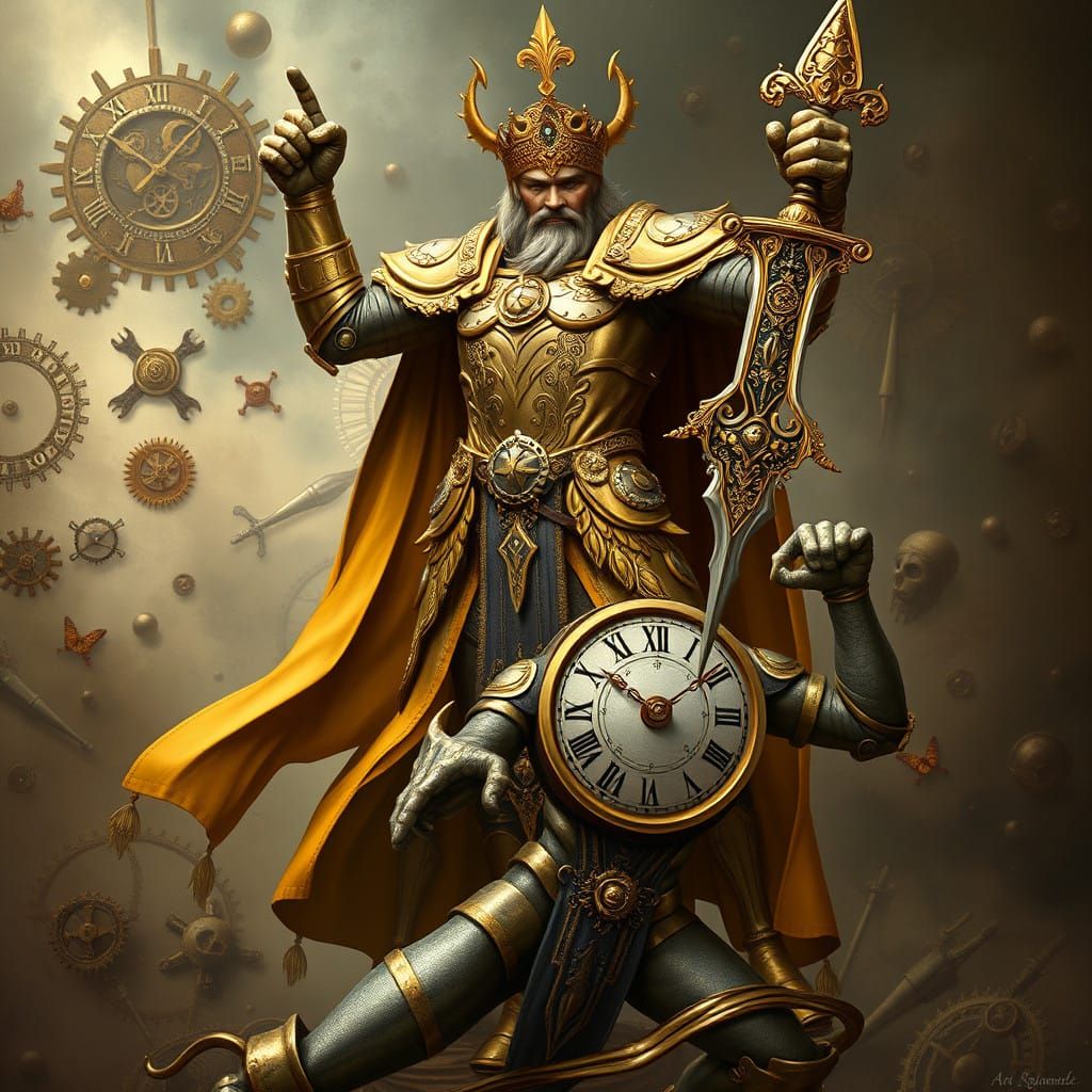 Regal Warrior Conquers Clockwork Foe in Steampunk Glory