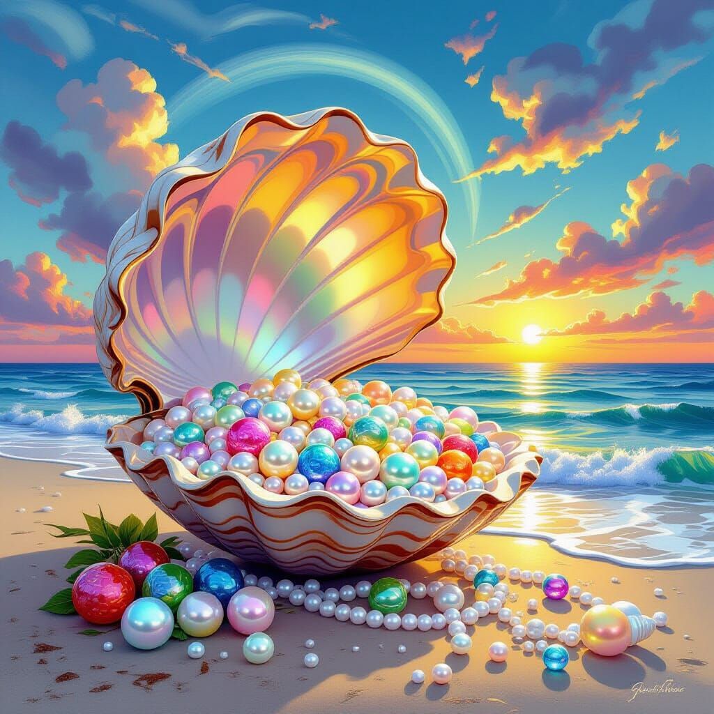 Surreal Seashell Farmstand with Iridescent Fruit