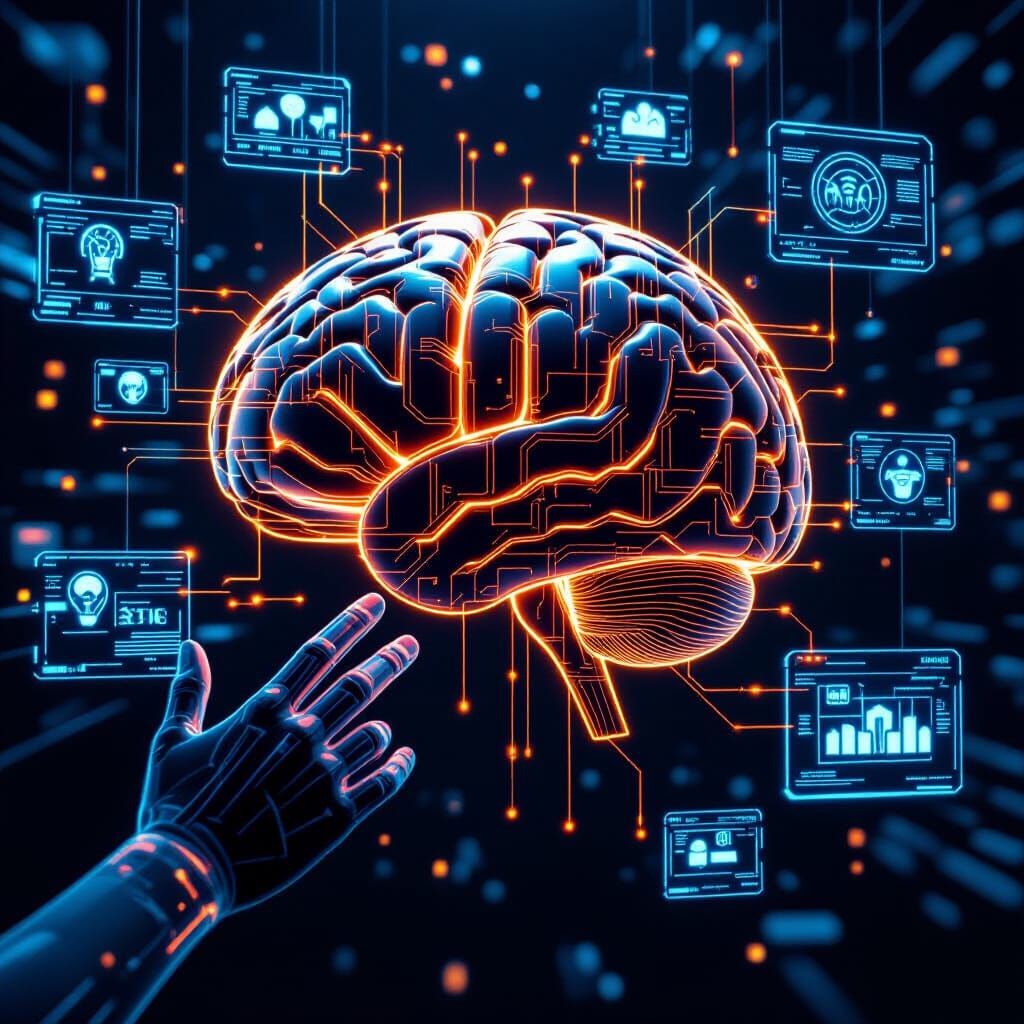 Cyberpunk Brain Connected to Surveillance Screens