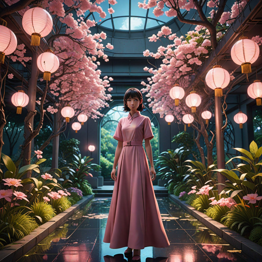 Girl in Futuristic Garden, Anime-Inspired Art