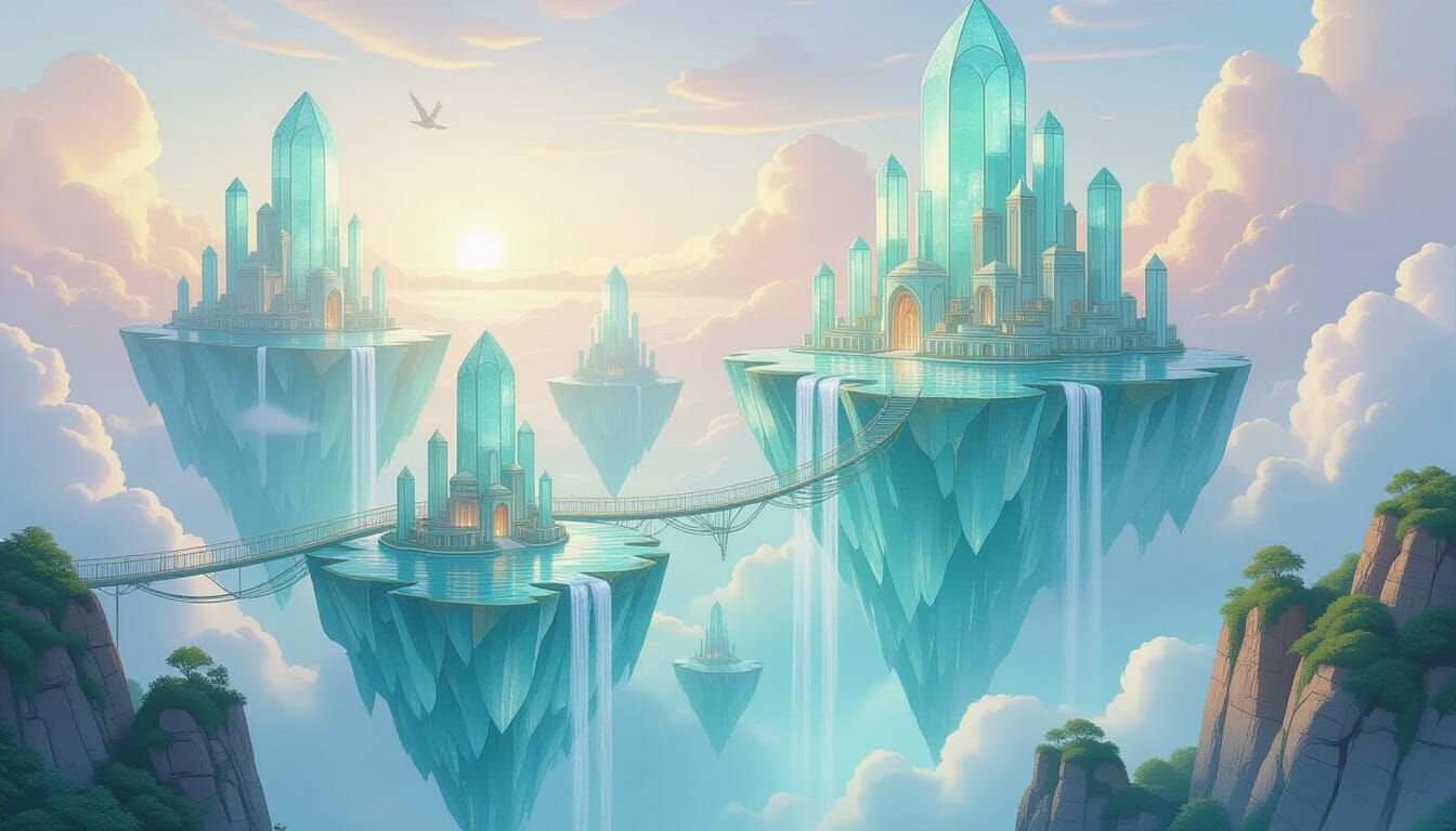 Ethereal Sea Glass City on Floating Islands