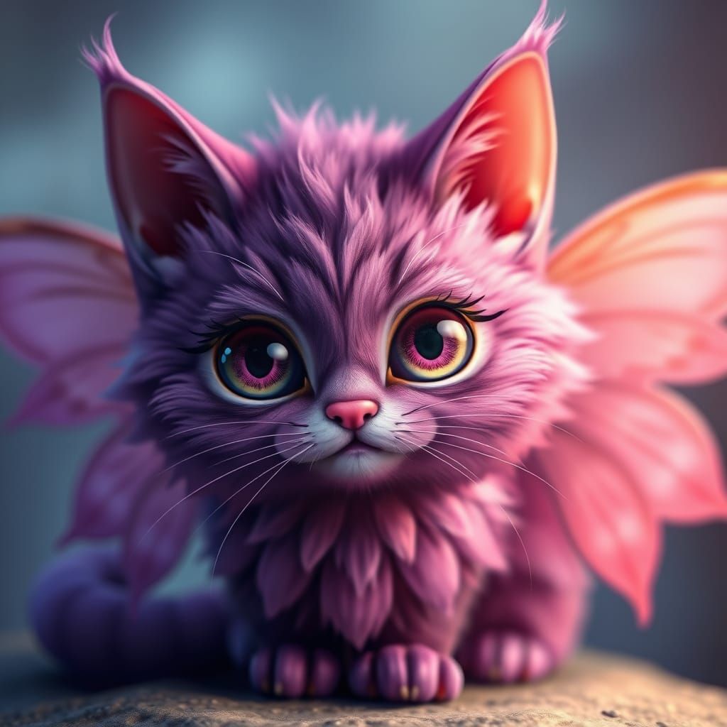 Majestic Grape-Purple Cat with Enchanted Wings and Whimsical...