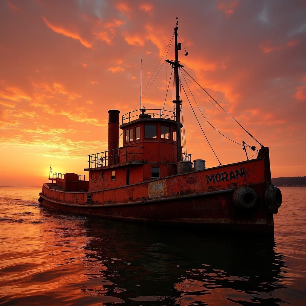 Tugboat Majestically Silhouetted Against a Vibrant Golden Ho...