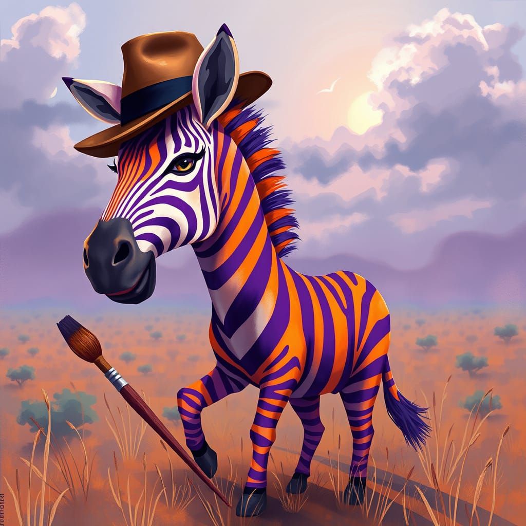 Whimsical Purple Zebra Paints in Dreamlike Savannah
