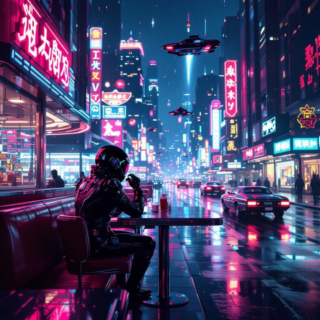 Retro-Futuristic Diner Scene in Synthwave Style