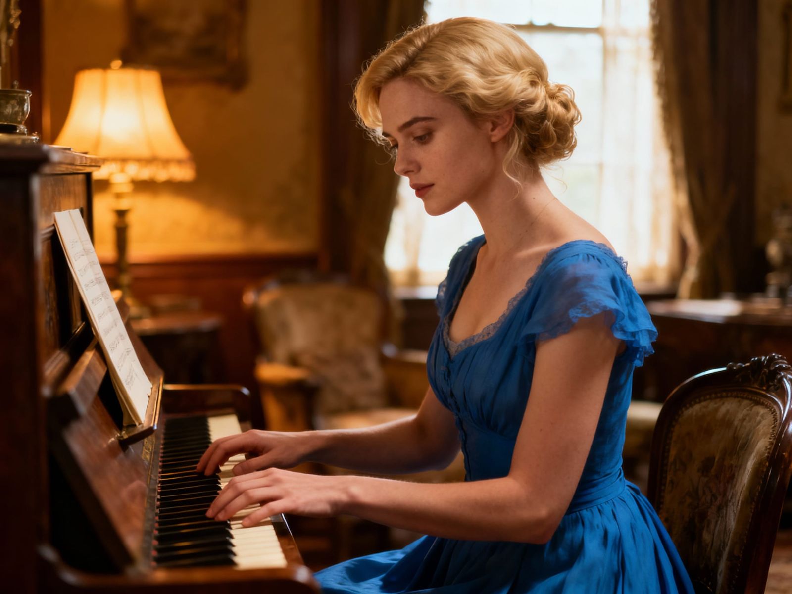Victorian Lady Plays Piano in Cozy Room