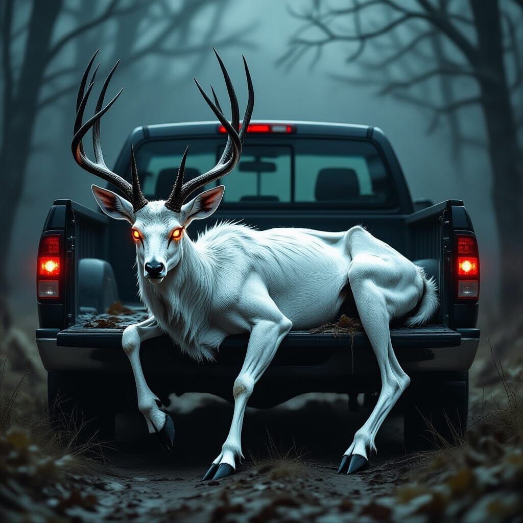 Monstrous Emaciated Deer in Black Pickup Truck