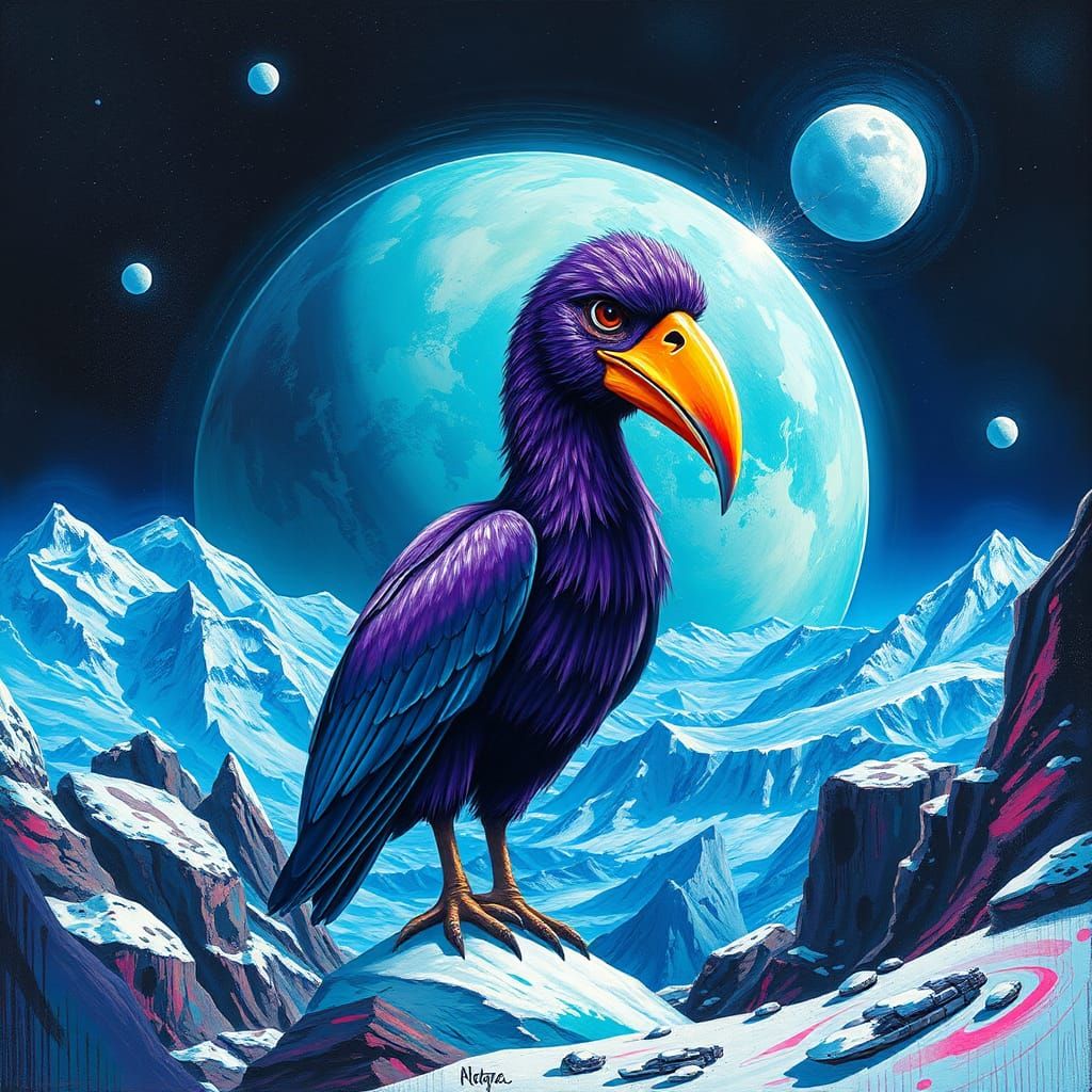 Vibrant Blue-Green Planet with Purple Bird Graffiti Art