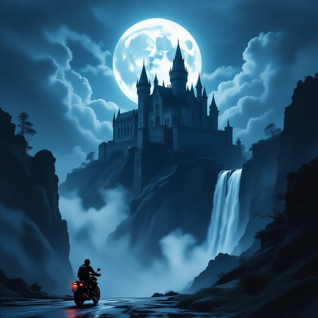Dark Fantasy Castle Rider Under Full Moon