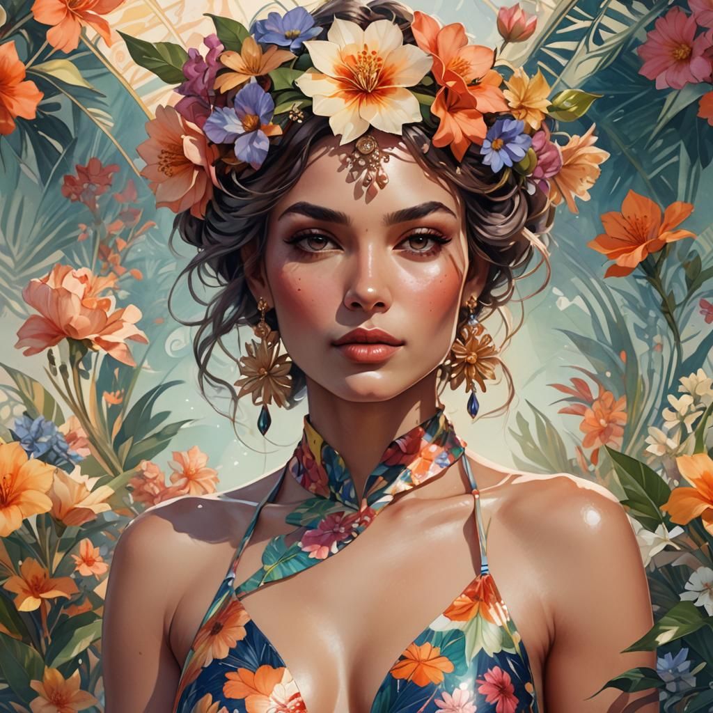 Radiant Woman in Floral Swimsuit: Watercolor Art