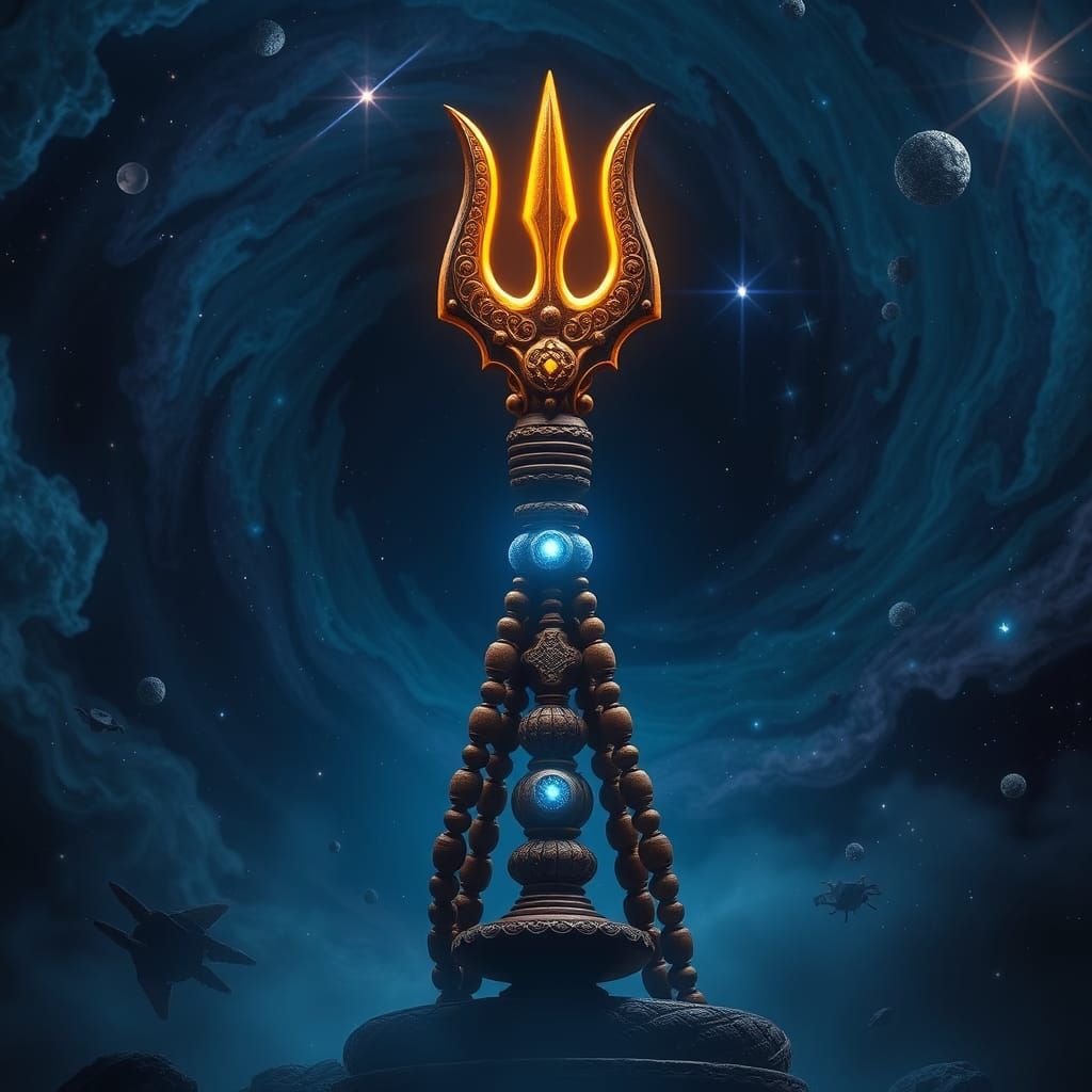 Divine Trishul Radiates Celestial Power in Ancient Cosmic Gl...