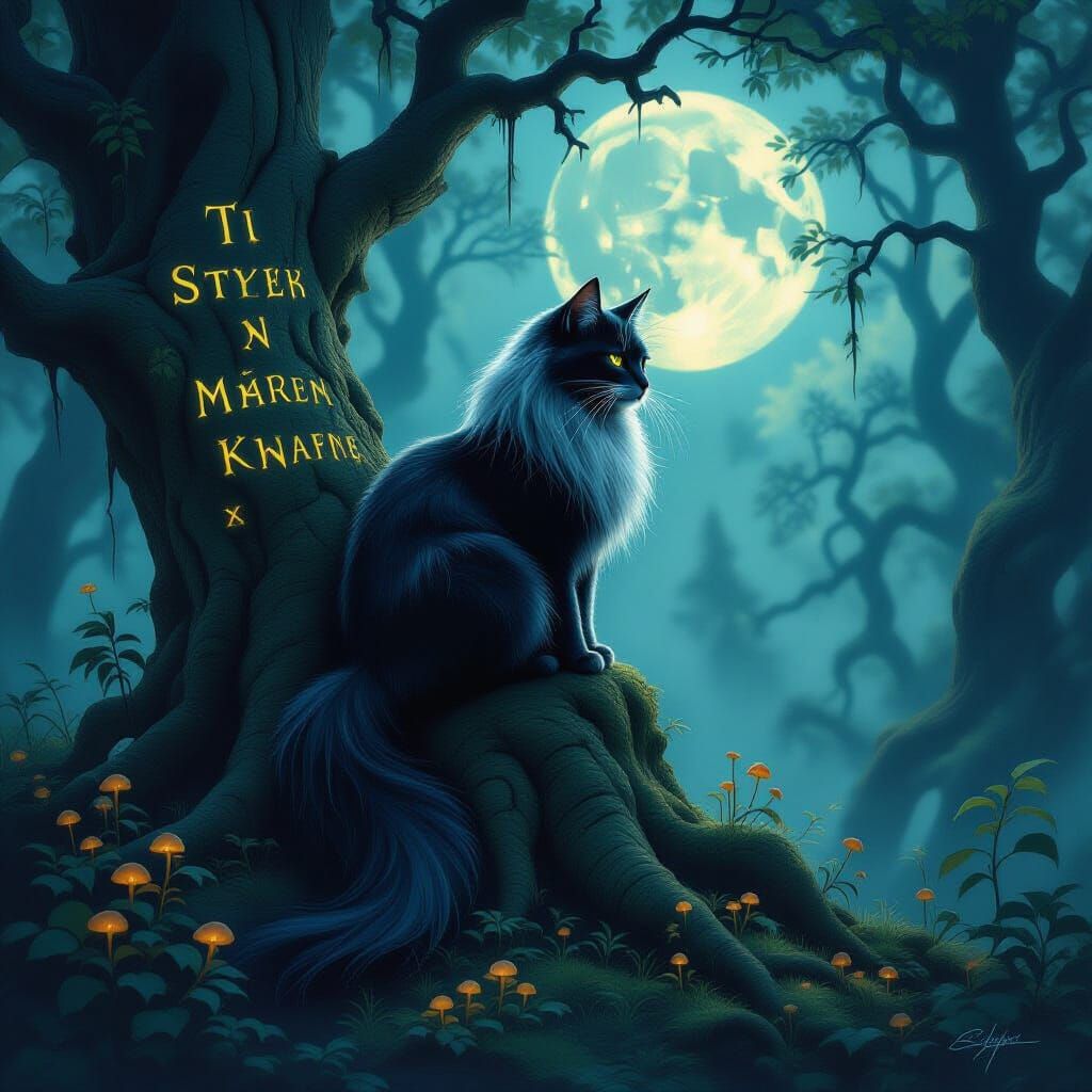 Ethereal Cat on Moonlit Tree in Dark Fantasy Forest