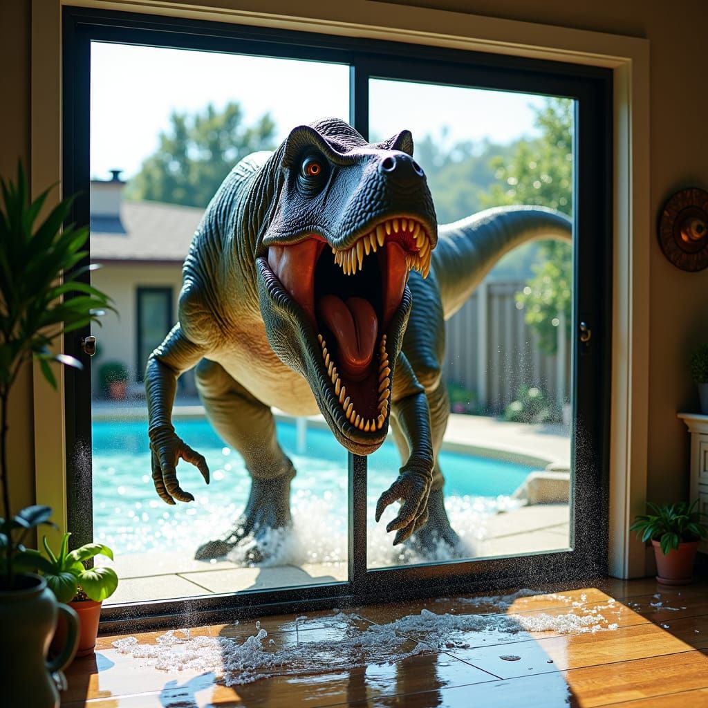 T-Rex Pool Party: Dinosaur Chaos in Suburbia