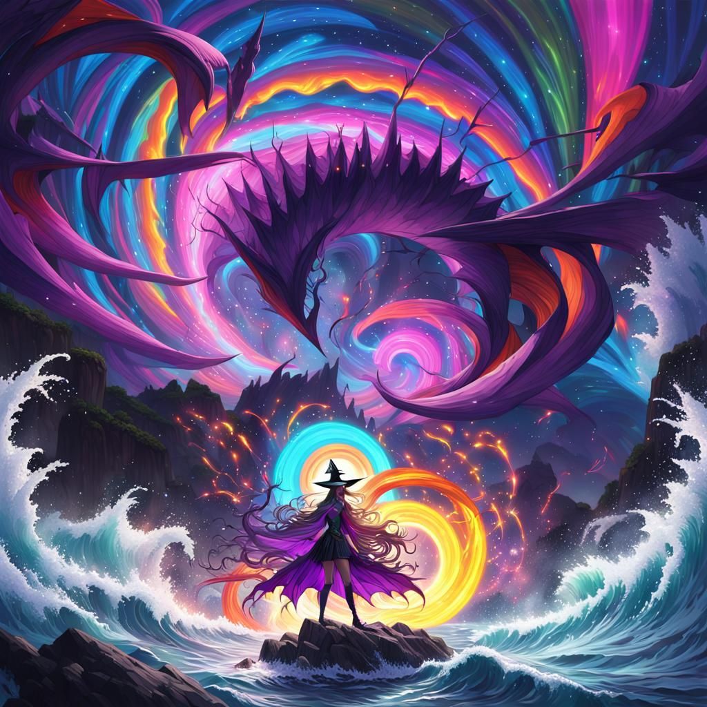 Sorceress Amidst Crashing Waves and Neon Vortex
