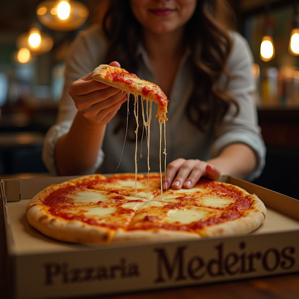Woman Reaching for Pizza in Cozy Pizzeria